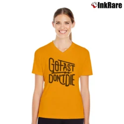 Women’s Go Fast Don't Die Motivational V-Neck Tee in orange | Chic Neckline, Soft Texture