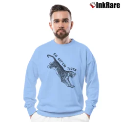 Men’s Go Get'em Tiger Sunglasses On Big Cat Animal Crewneck Sweatshirt in light blue | Cozy Fabric, Clean Style