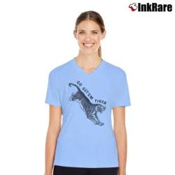 Women’s Go Get'em Tiger Sunglasses On Big Cat Animal V-Neck Tee in light blue | Chic Neckline, Soft Texture