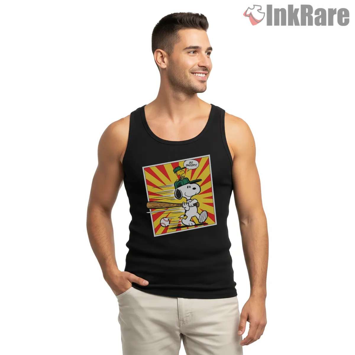 Go Snoopy Go Baseball With Woodstock Retro Graphic Shirt on black tank top for men graphic tee
