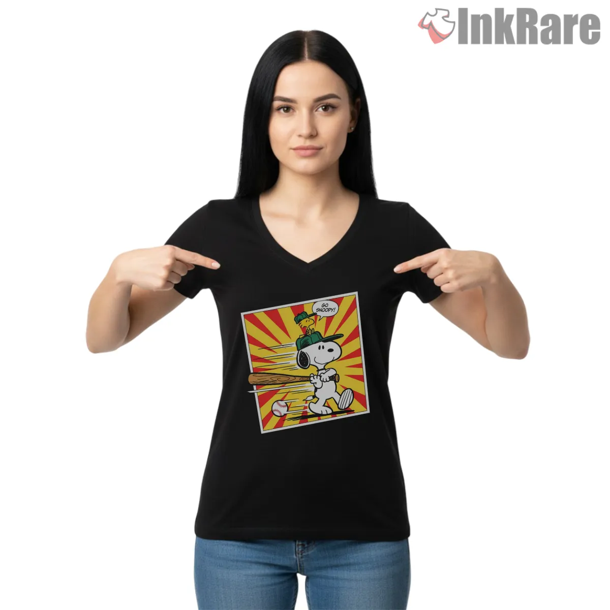 Go Snoopy Go Baseball With Woodstock Retro Graphic V Neck Black Go Snoopy Go Baseball With Woodstock Retro Graphic Shirt on black v-neck shirt for women graphic tee