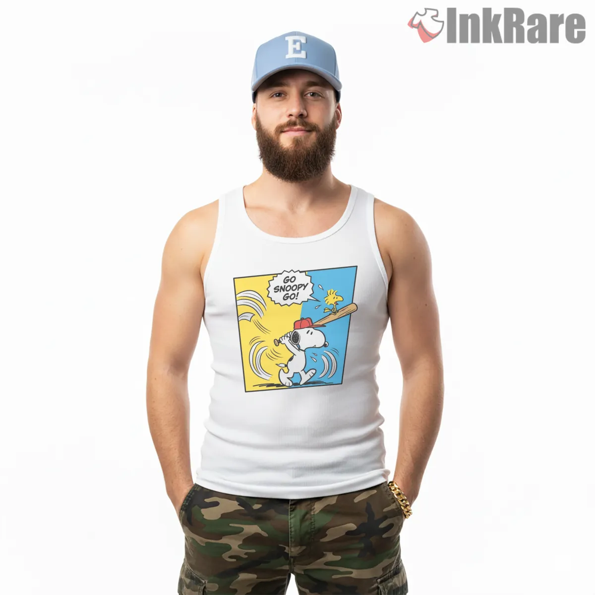 Go Snoopy Go Baseball With Woodstock Shirt on white tank top for men graphic tee