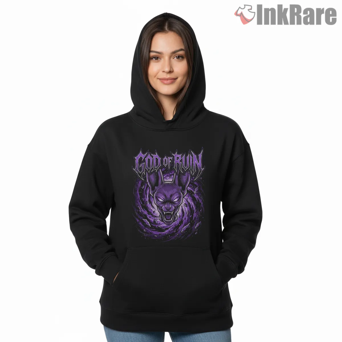 God Of Ruin Beerus Purple Emblem Hoodie Black God Of Ruin Beerus Purple Emblem Shirt on black hoodie for women graphic tee