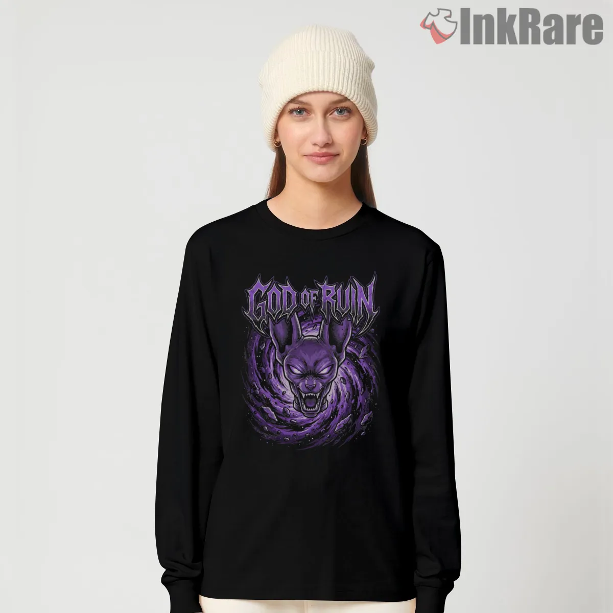 God Of Ruin Beerus Purple Emblem Long Sleeve Black God Of Ruin Beerus Purple Emblem Shirt on black long sleeve shirt for women graphic tee