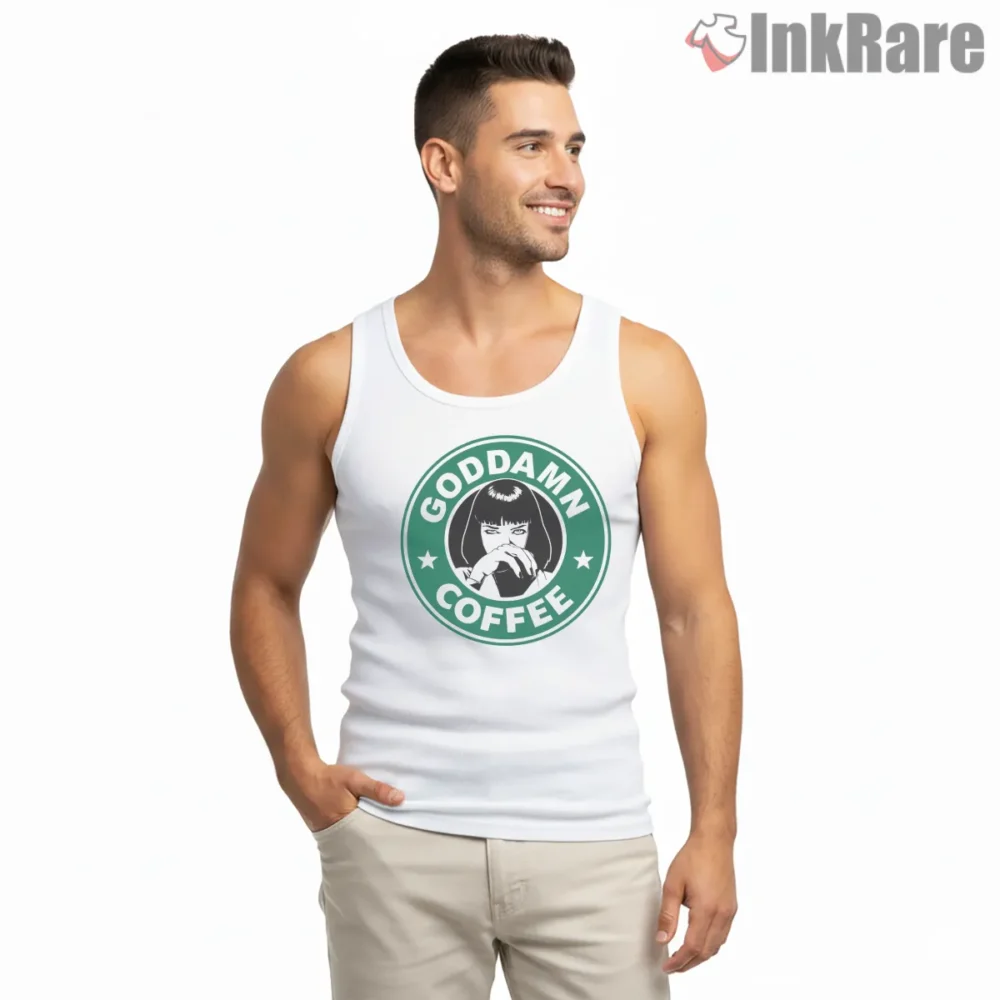 Goddamn Coffee Mia Logo Shirt on white tank top for men graphic tee