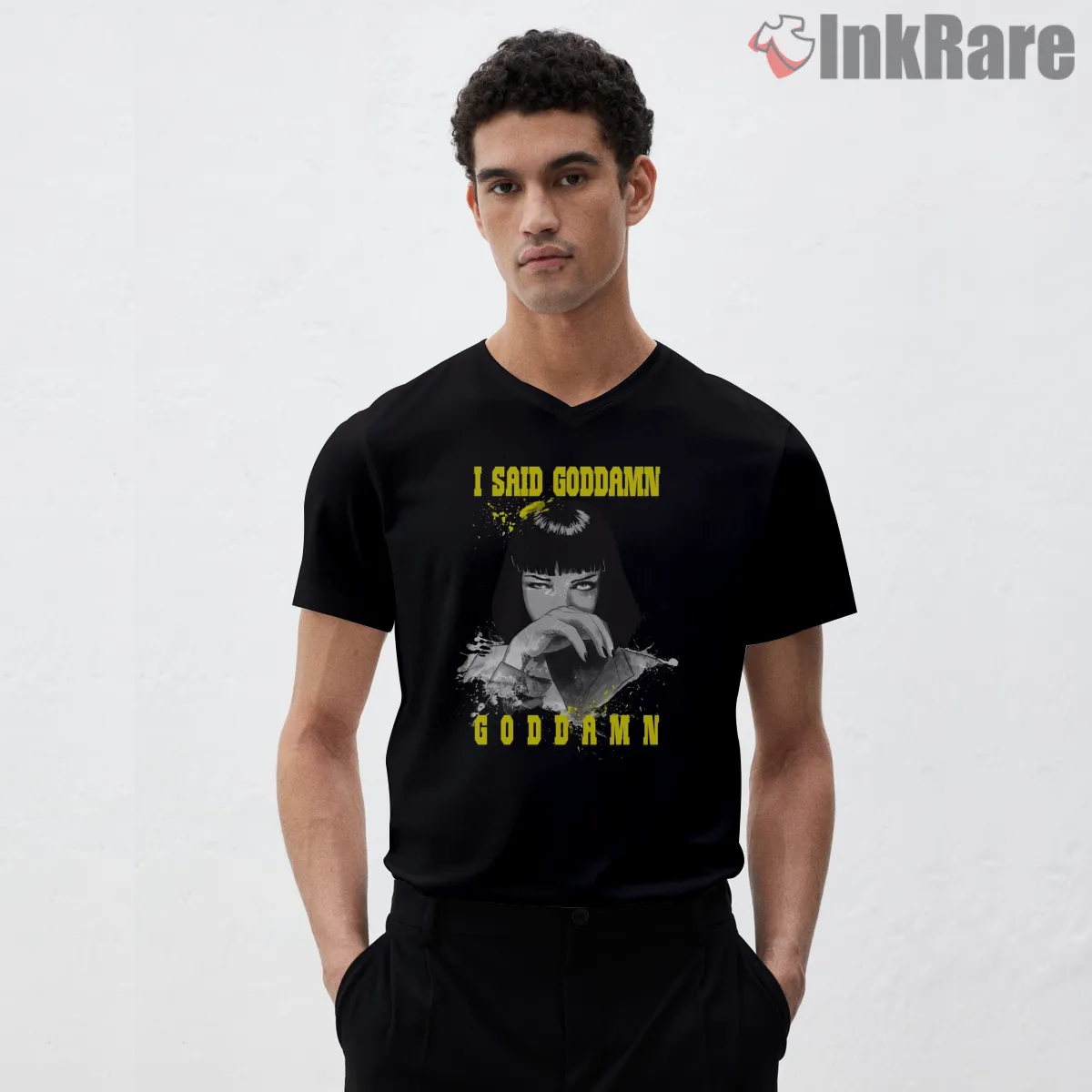 Goddamn Mia Wallace Grunge Shirt on black v-neck shirt for men graphic tee