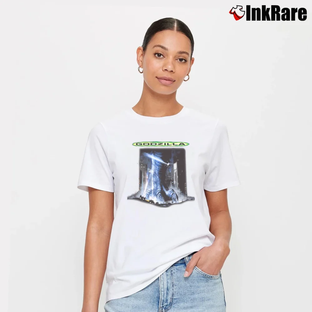 Women’s Godzilla 1998 Movie Promo Graphic Signature T-Shirt in white | Soft, Flattering Fit