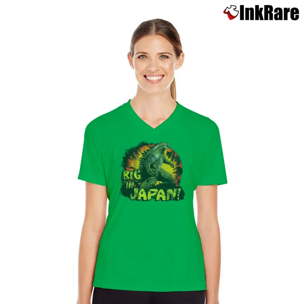 Women’s Godzilla Big In Japan Vintage Style V-Neck Tee in irish green | Chic Neckline, Soft Texture