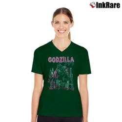 Women’s Godzilla Gender Neutral Graphic V-Neck Tee in forest green | Chic Neckline, Soft Texture