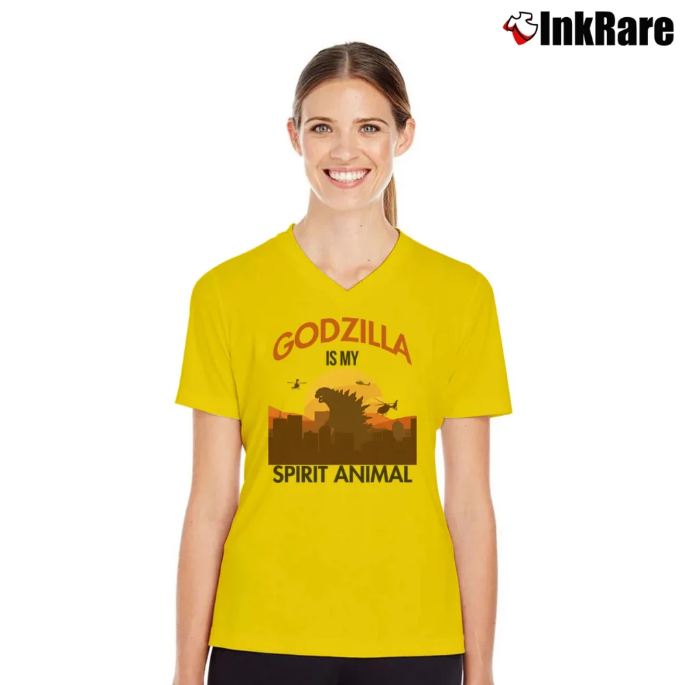 Women’s Godzilla Is My Spirit Animal Funny Graphic V-Neck Tee in yellow | Chic Neckline, Soft Texture