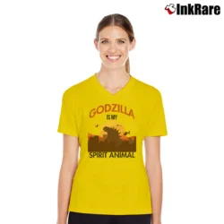 Women’s Godzilla Is My Spirit Animal Funny Graphic V-Neck Tee in yellow | Chic Neckline, Soft Texture