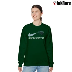 Women’s Godzilla Just Destroy It Funny Monster Relaxed Sweatshirt in forest green | Soft, Laid-Back Vibe