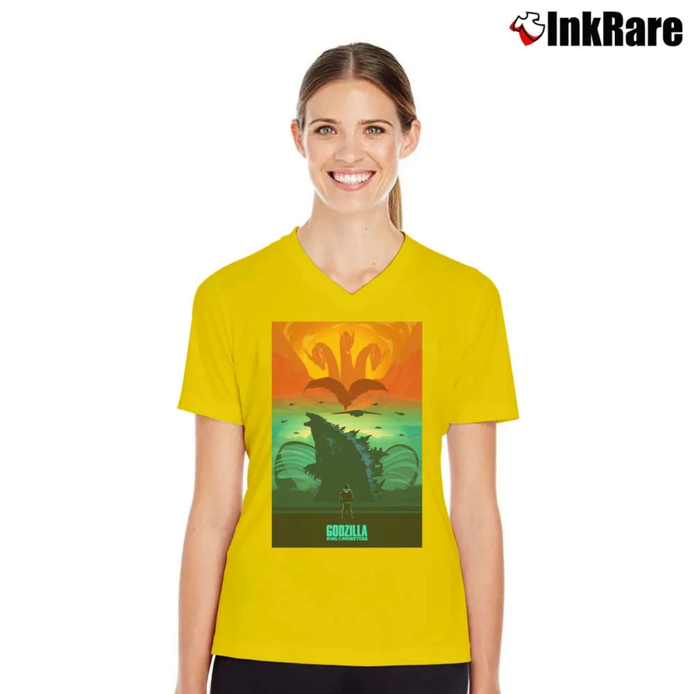 Women’s Godzilla King Of Monsters Graphic Classic V-Neck Tee in yellow | Chic Neckline, Soft Texture