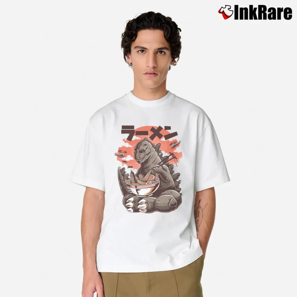 Men’s Godzilla King Of The Monsters Eating Ramen Funny Movie Classic T-Shirt in white | Soft, Breathable Everyday Wear