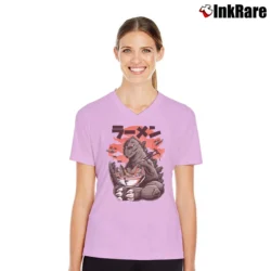 Women’s Godzilla King Of The Monsters Eating Ramen Funny Movie V-Neck Tee in light pink | Chic Neckline, Soft Texture