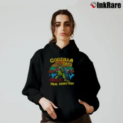 Women’s Godzilla Says Drugs Are The Real Monster Funny Cozy Hoodie in black | Warm, Structured, Stylish