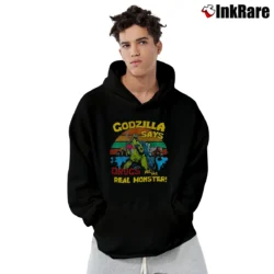 Men’s Godzilla Says Drugs Are The Real Monster Funny Pullover Hoodie in black | Cozy, Durable, Modern Fit