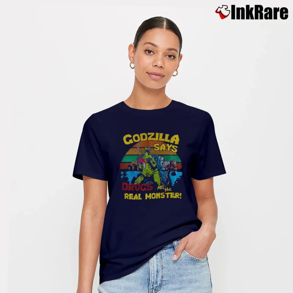 Women’s Godzilla Says Drugs Are The Real Monster Funny Signature T-Shirt in navy | Soft, Flattering Fit