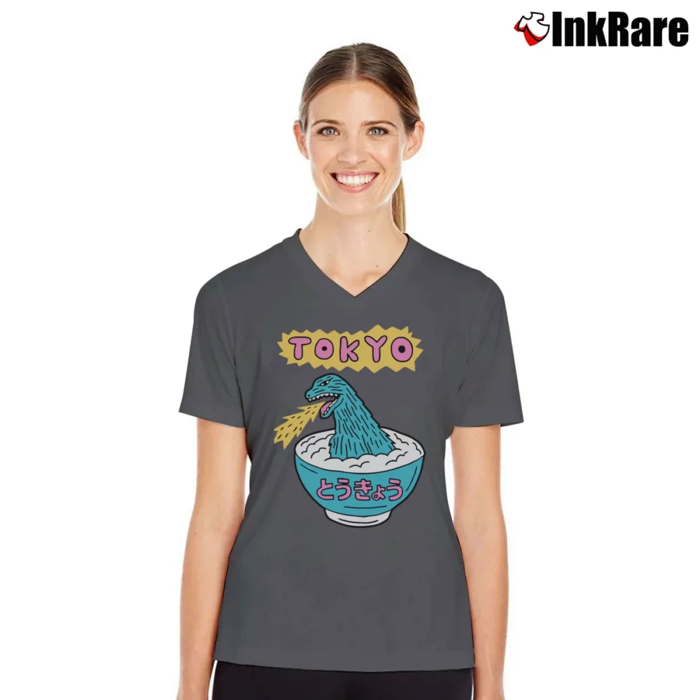 Women’s Godzilla Tokyo Shinjuku Kabukicho Japanese Manga V-Neck Tee in charcoal | Chic Neckline, Soft Texture