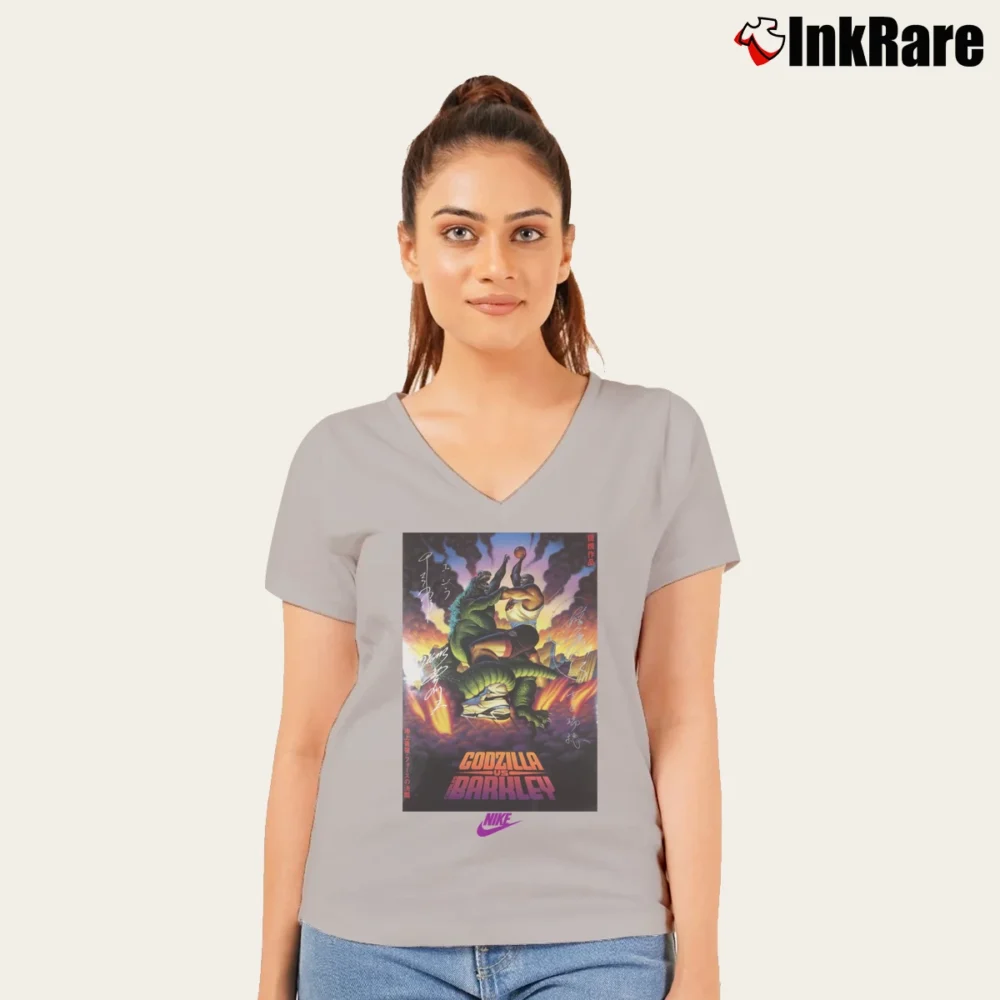 Women’s Godzilla Vs Charles Barkley 1992 Vintage Crossover V-Neck Tee in sport grey | Chic Neckline, Soft Texture