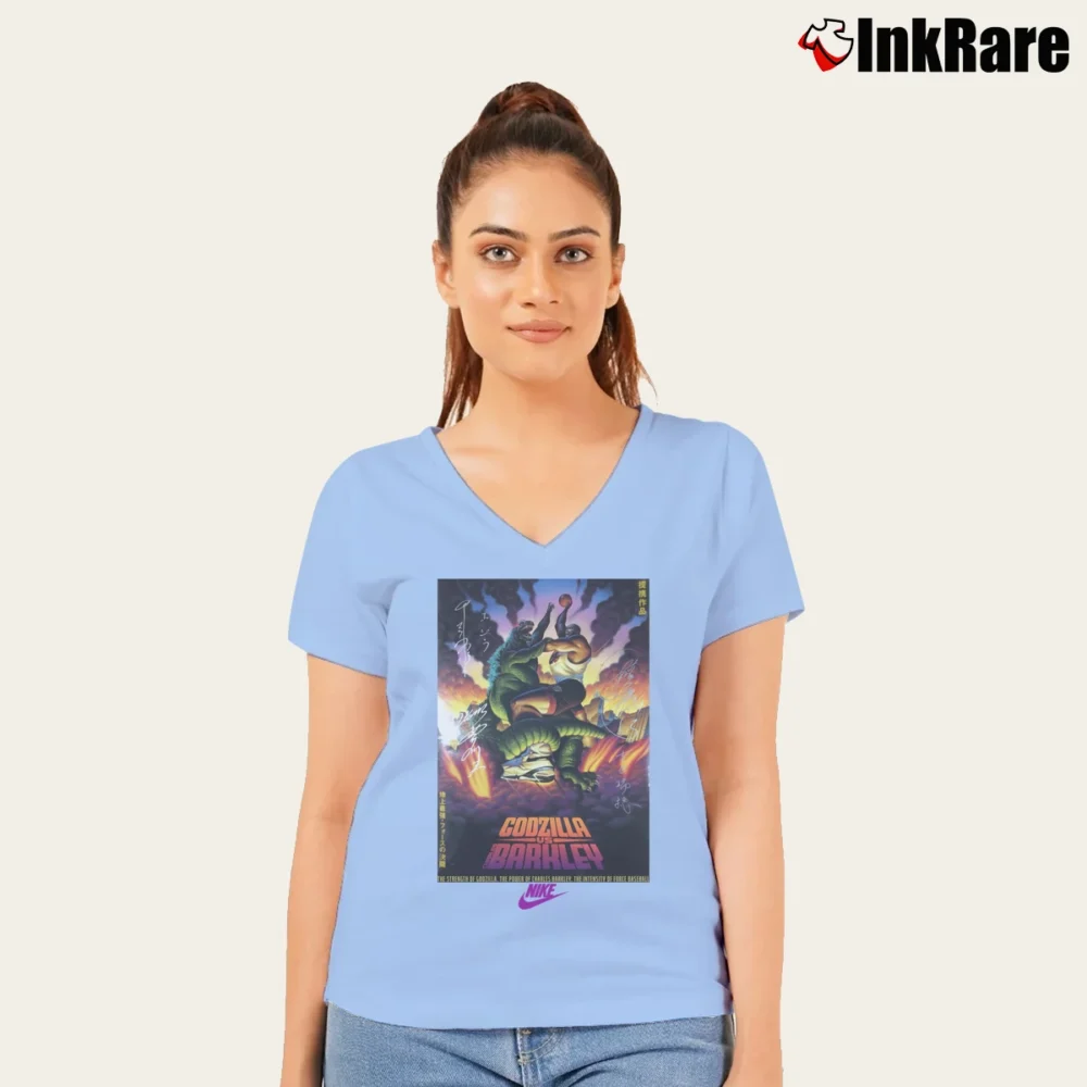 Women’s Godzilla Vs Charles Barkley 1992 Vintage V-Neck Tee in light blue | Chic Neckline, Soft Texture