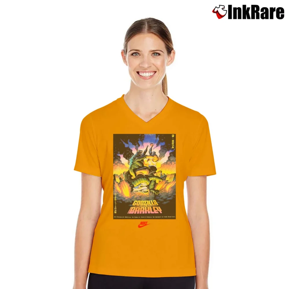 Women’s Godzilla Vs Charles Barkley Promotional Crossover V-Neck Tee in orange | Chic Neckline, Soft Texture