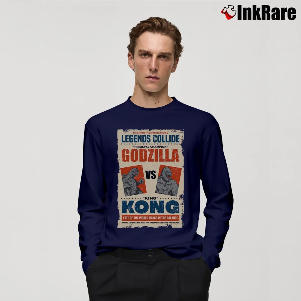 Men’s Godzilla Vs King Kong Legends Collide Movie Poster Long-Sleeve Shirt in navy | Sleek, Lightweight, Year-Round Wear