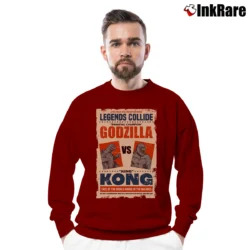 Men’s Godzilla Vs King Kong Legends Collide Movie Poster Crewneck Sweatshirt in maroon | Cozy Fabric, Clean Style