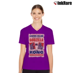 Women’s Godzilla Vs King Kong Legends Collide Movie Poster V-Neck Tee in purple | Chic Neckline, Soft Texture