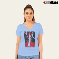 Women’s Godzilla Vs Kong Premiere Battle Scene V-Neck Tee in light blue | Chic Neckline, Soft Texture