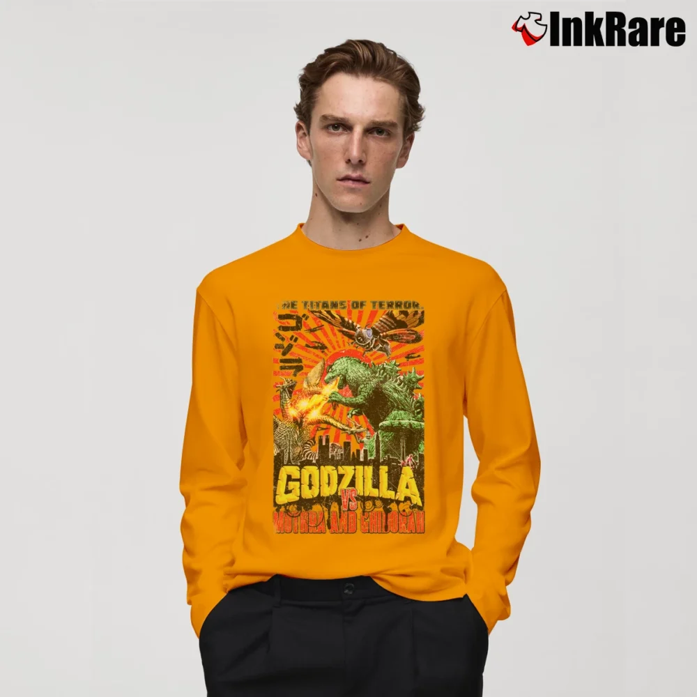 Men’s Godzilla Vs Mothra And Ghidorah Battle Vintage Japanese Long-Sleeve Shirt in orange | Sleek, Lightweight, Year-Round Wear