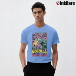 Men’s Godzilla Vs Mothra And Ghidorah Battle Vintage Japanese V-Neck Tee in light blue | Sharp, Breathable, Everyday Staple
