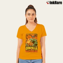 Women’s Godzilla Vs Mothra And Ghidorah Battle Vintage Japanese V-Neck Tee in orange | Chic Neckline, Soft Texture