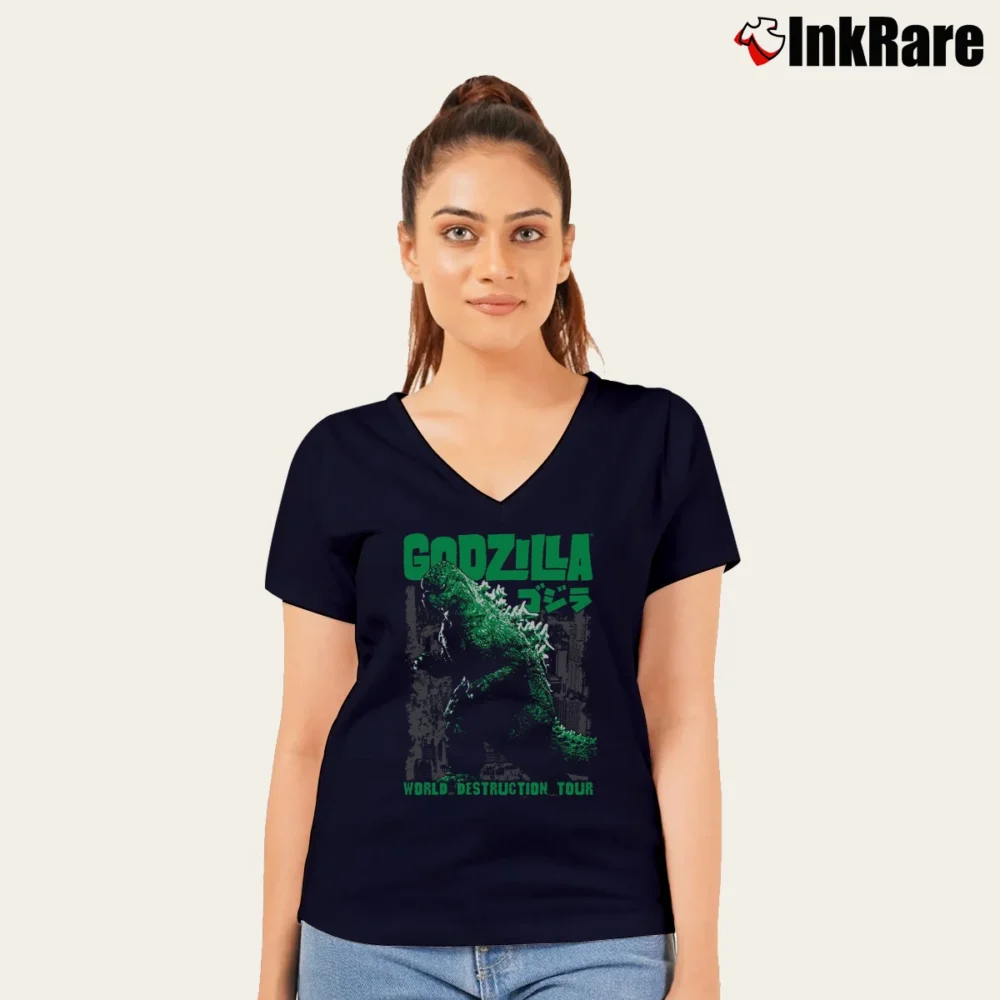 Women’s Godzilla World Destruction Tour V-Neck Tee in navy | Chic Neckline, Soft Texture