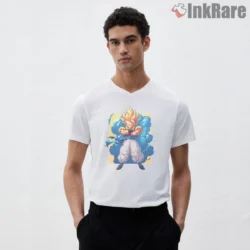 Gogeta Blue Aura Fusion Power Shirt on white v-neck shirt for men graphic tee