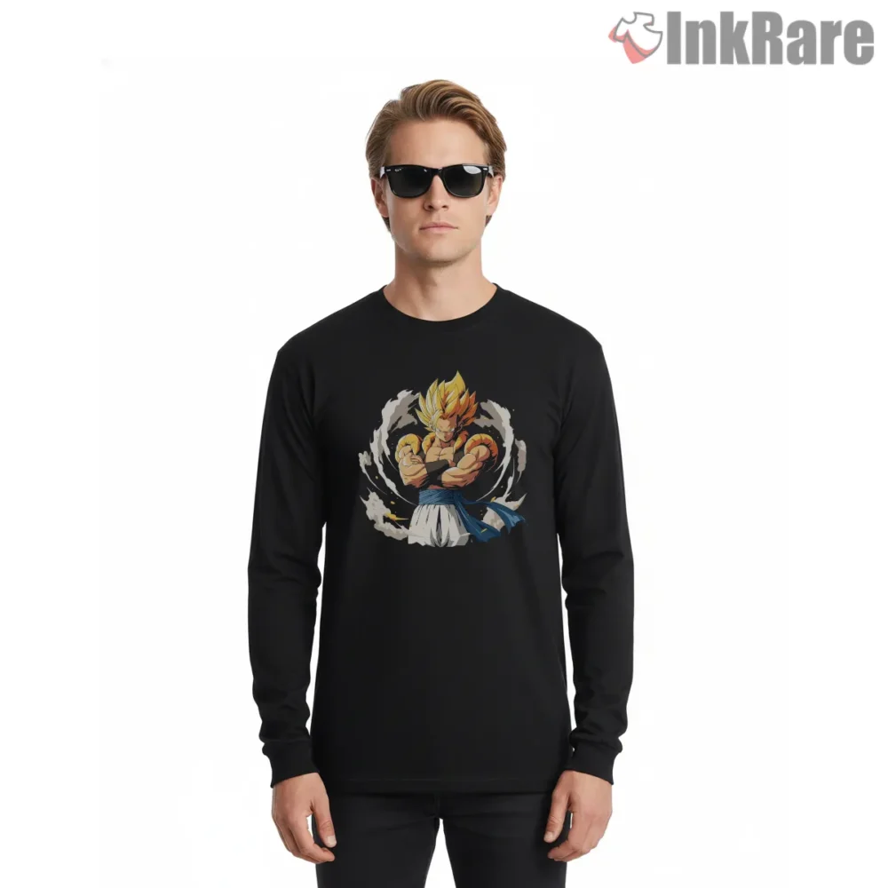 Gogeta Fusion Confidence Aura Ring Shirt on black long sleeve shirt for men graphic tee