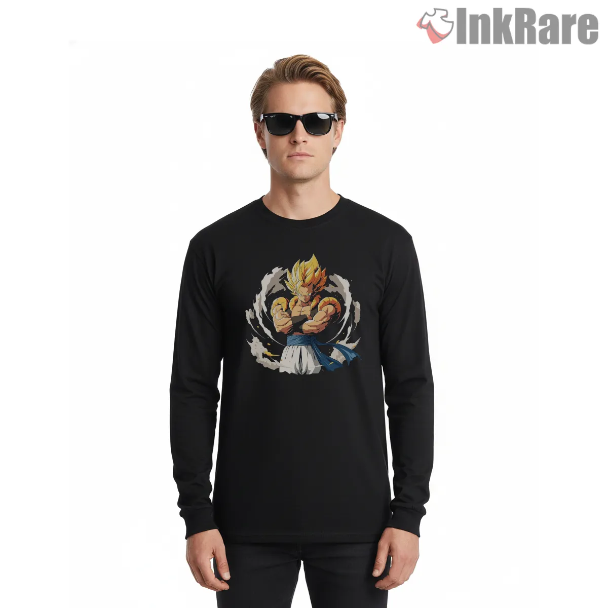 Gogeta Fusion Confidence Aura Ring Long Sleeve Black Gogeta Fusion Confidence Aura Ring Shirt on black long sleeve shirt for men graphic tee