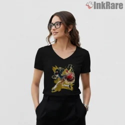 Gogo Yubari Action Pose Blood Splash Kill Bill Shirt on black v-neck shirt for women graphic tee