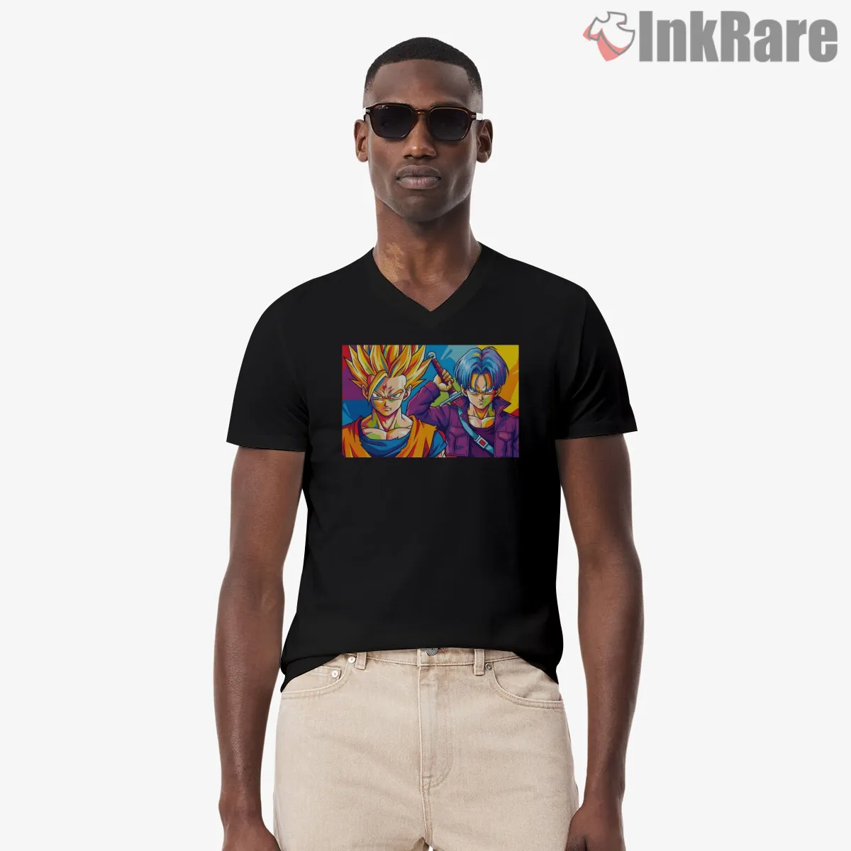 Gohan And Trunks Bold Color Duo Portrait V Neck Black Gohan And Trunks Bold Color Duo Portrait Shirt on black v-neck shirt for men graphic tee