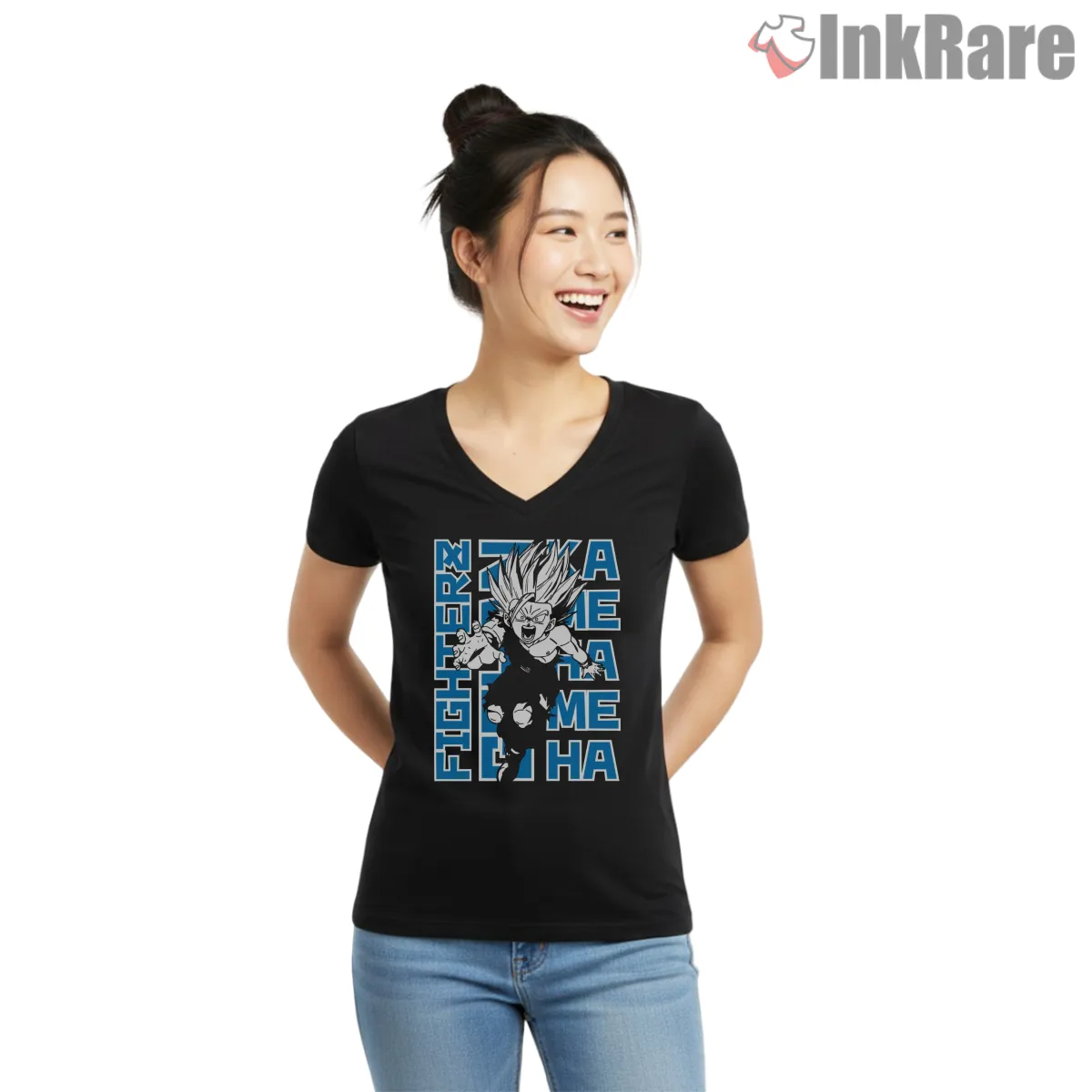 Gohan One Hand Kamehameha V Neck Black Gohan One Hand Kamehameha Shirt on black v-neck shirt for women graphic tee