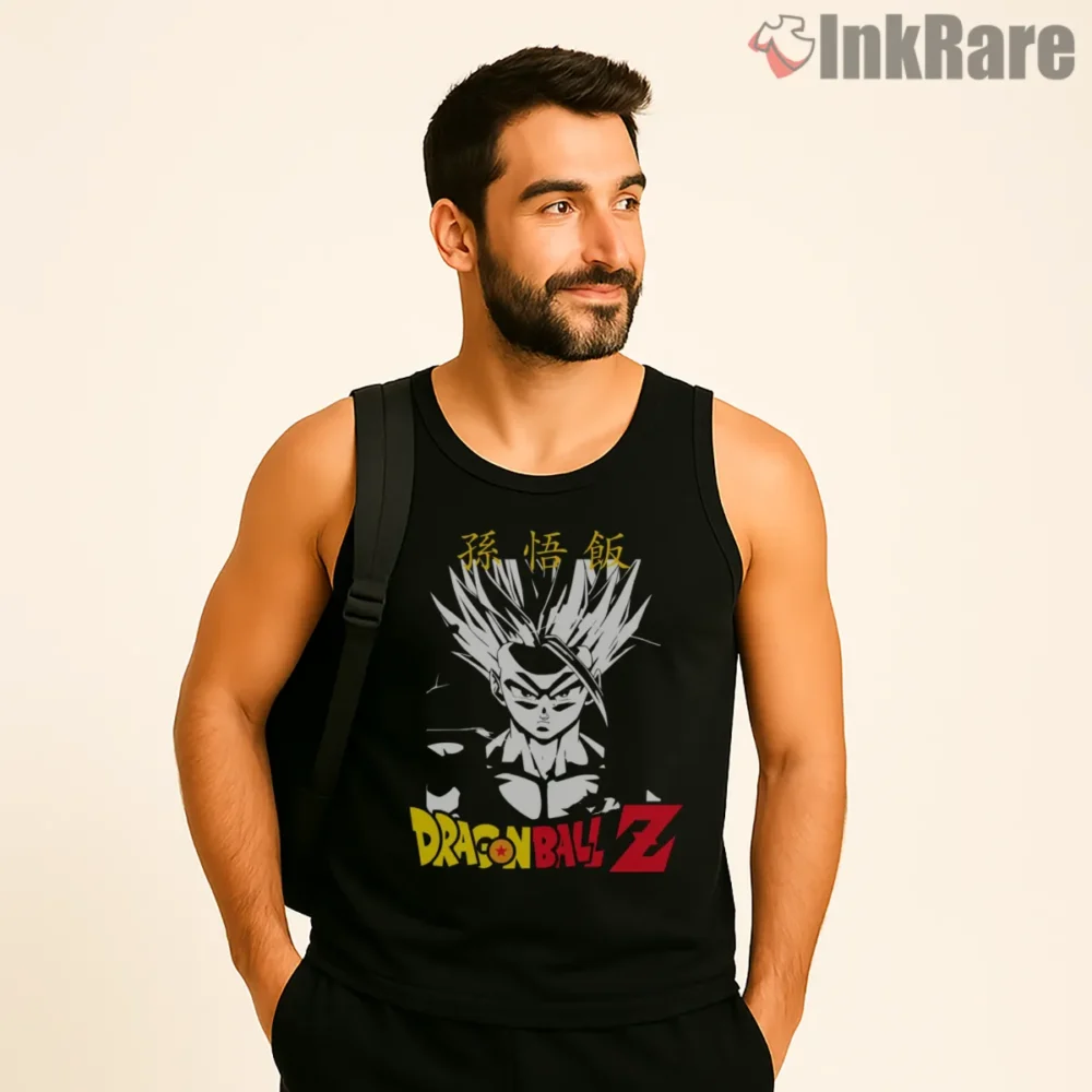 Gohan Ssj2 Dragon Ball Z Monochrome Poster Shirt on black tank top for men graphic tee
