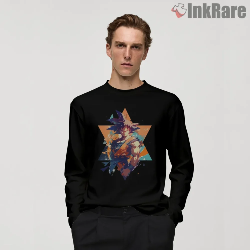 Goku Abstract Shattered Aura Art Shirt on black long sleeve shirt for men graphic tee