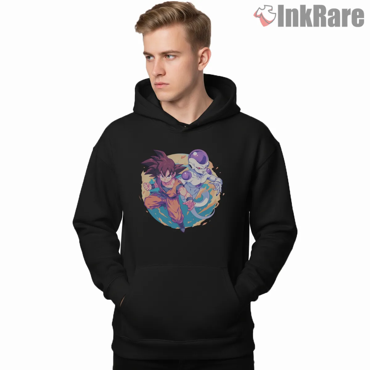 Goku And Frieza Cosmic Duo Shirt on black hoodie for men graphic tee