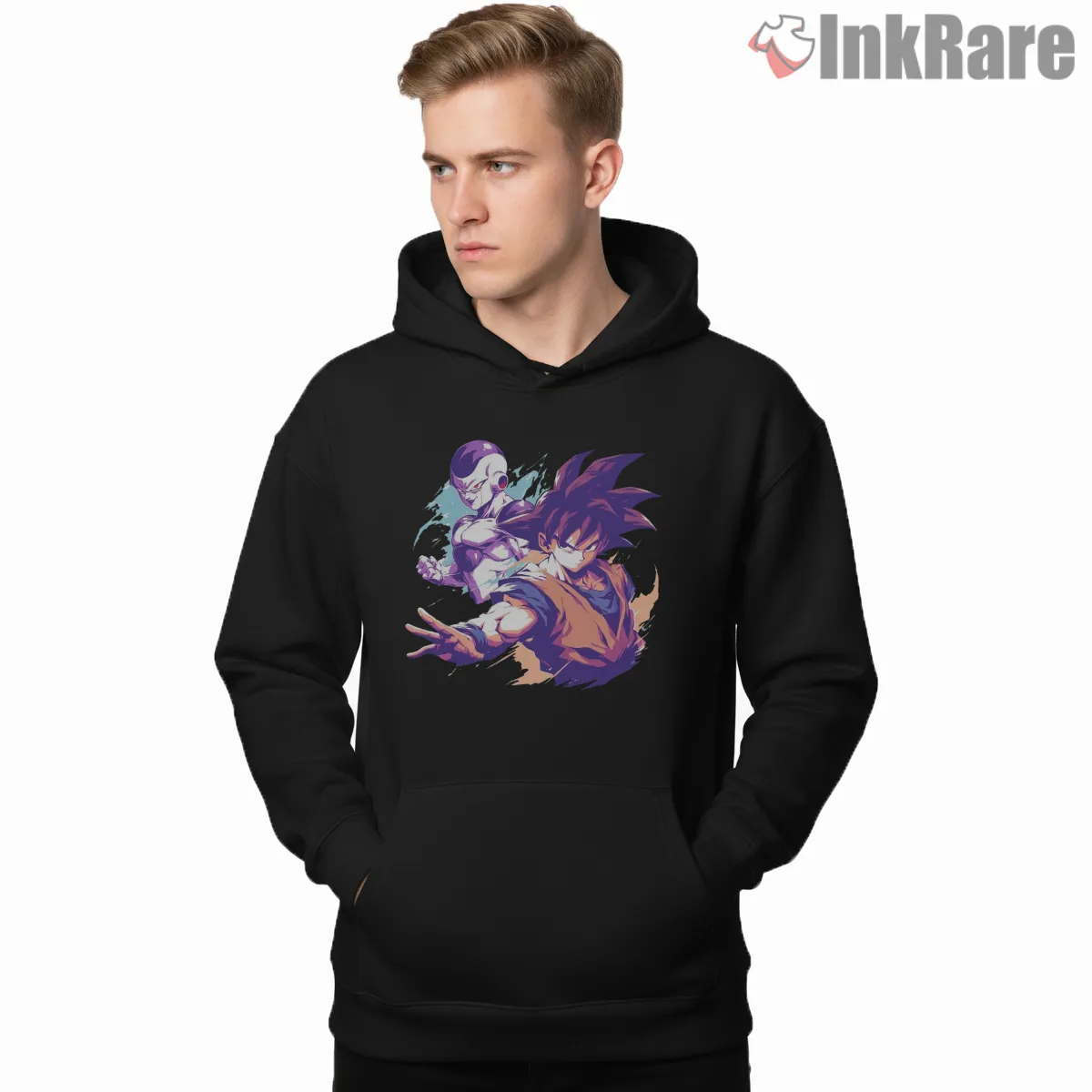 Goku And Frieza Neon Clash Duo Shirt on black hoodie for men graphic tee