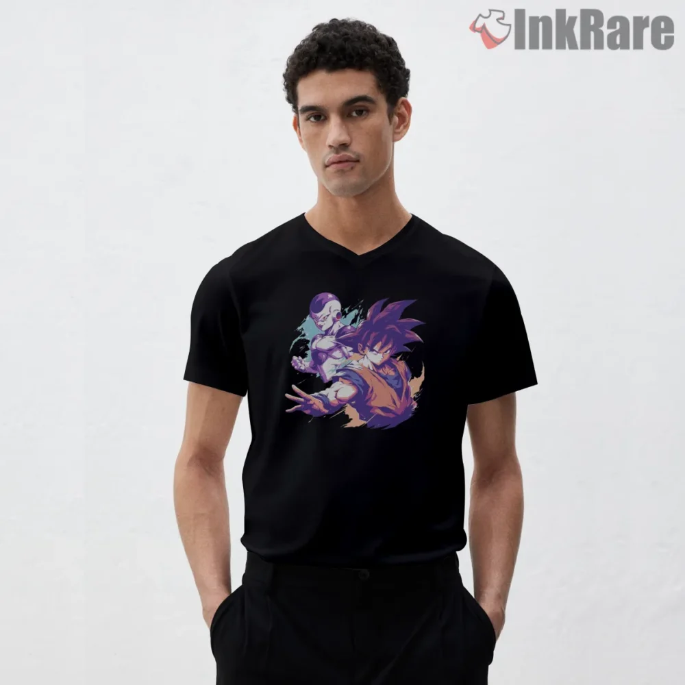Goku And Frieza Neon Clash Duo Shirt on black v-neck shirt for men graphic tee
