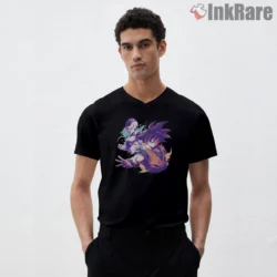 Goku And Frieza Neon Clash Duo Shirt on black v-neck shirt for men graphic tee