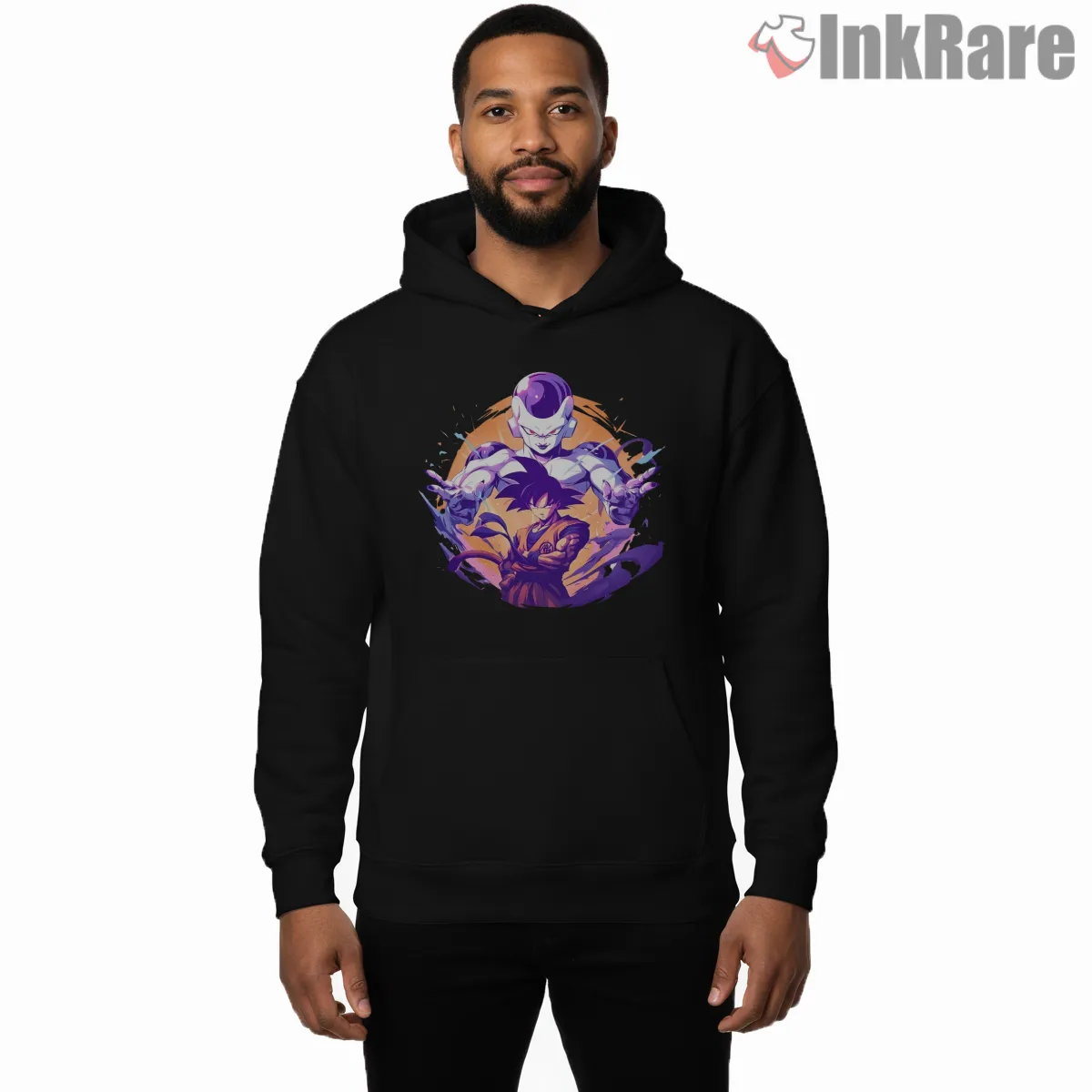 Goku And Frieza Purple Aura Showdown Shirt on black hoodie for men graphic tee