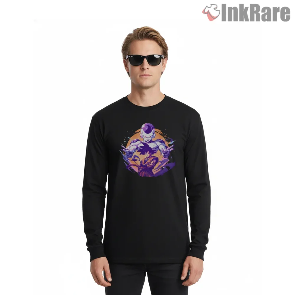 Goku And Frieza Purple Aura Showdown Shirt on black long sleeve shirt for men graphic tee