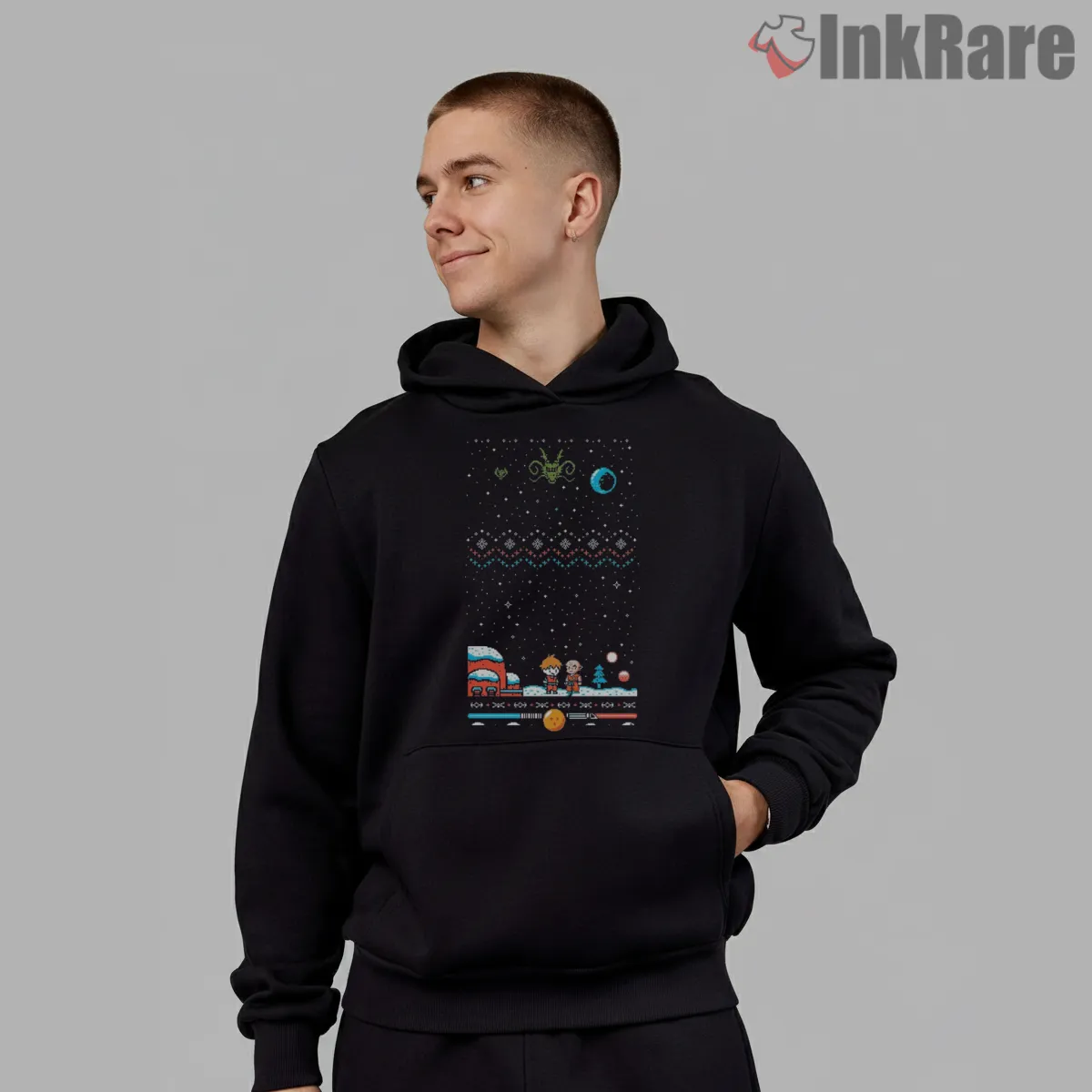 Goku And Krillin Pixel Snowy Quest Shirt on black hoodie for men graphic tee