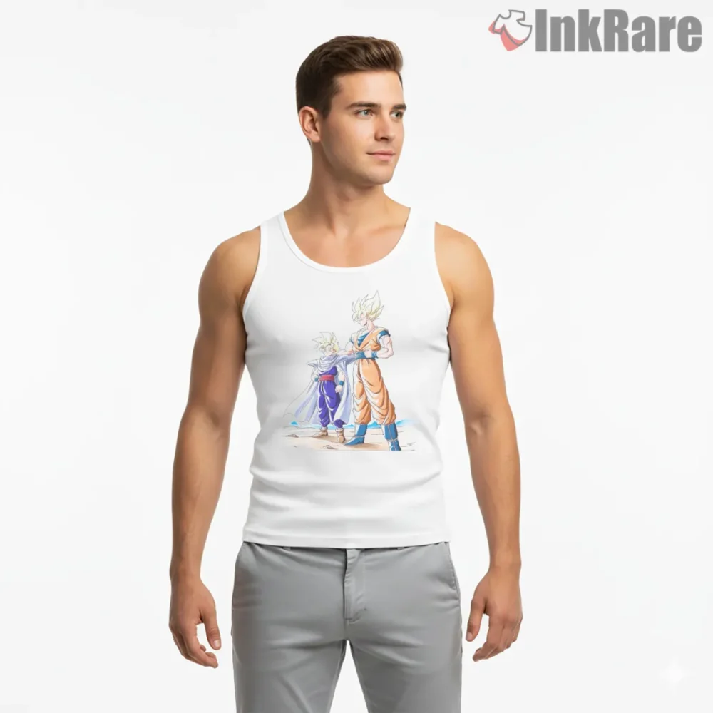 Goku And Son Saiyan Family Moment Shirt on white tank top for men graphic tee